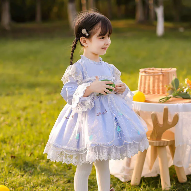 Kids Cloth Girl Spanish Dress Easter Baby Spain Lotia Sky Blue Dresses Children Long Sleeve Princess Ball Gowns Clothes 210615