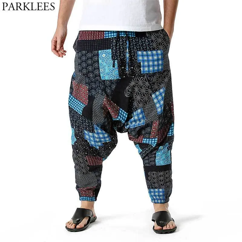 Hombres Baggy Boho Yoga Harem Pantalones con estilo Estampado floral Drop Crotch Streetwear Pantalones Algodón Casual Harajuku Genie Hippie Pantalones 210522