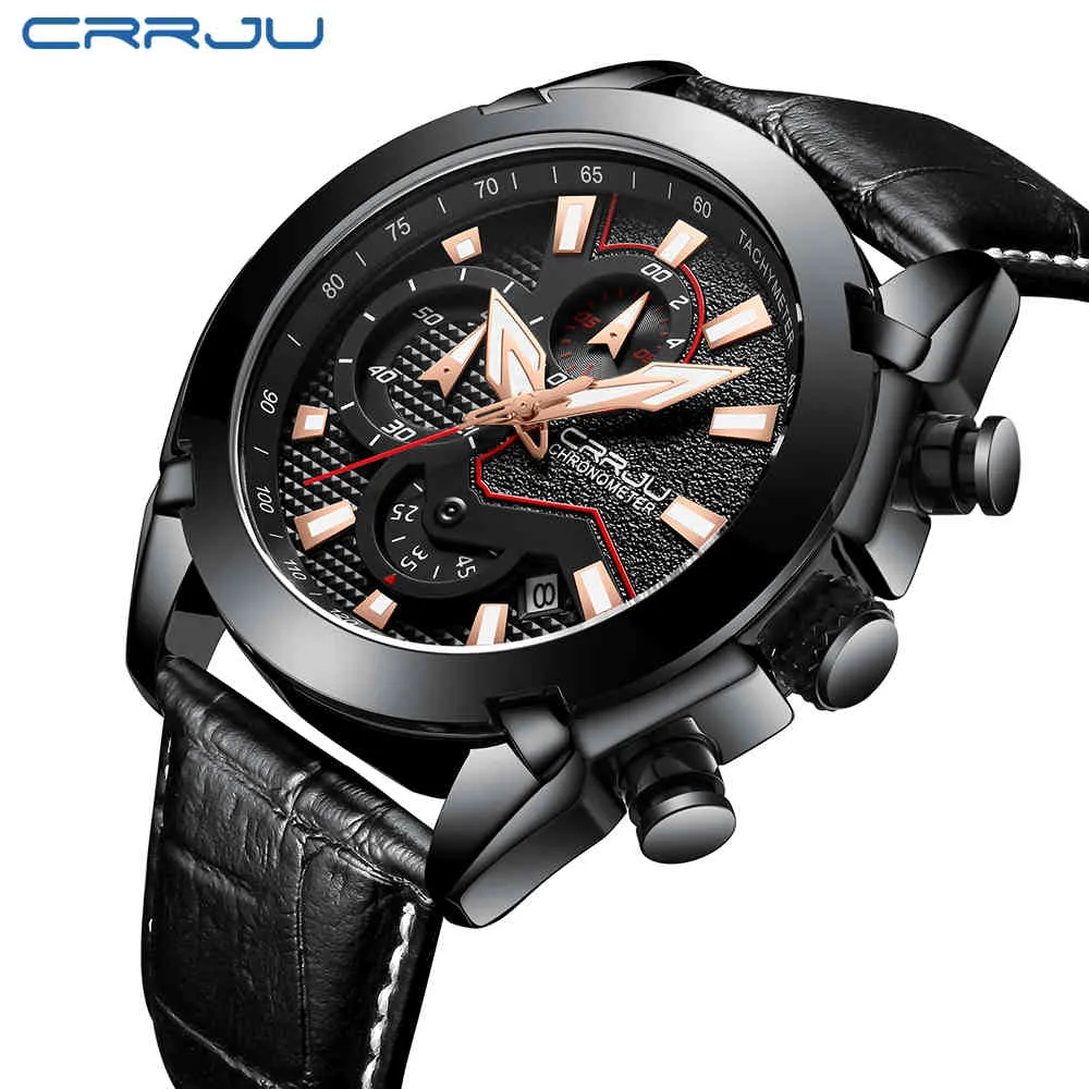 Reloj Hombre Crrju腕時計高級カレンダービジネスウォッチメンズクロノグラフスポーツレザーウォッチメンズ発光クォーツ時計210517