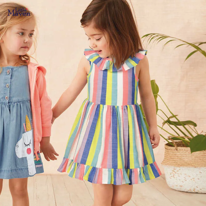 Little maven Dress Rainbow Colorful Girls Party Dresses for Kids Clothes Cotton Little Toddler Princess Dresses Vestido 210908