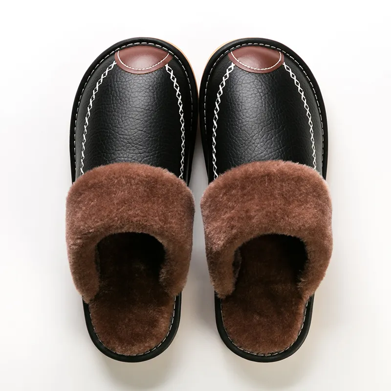 Men Winter Leather Slipper Bedroom Cotton Slippers Male Waterproof Thick Plus Velvet Indoor Warm House Home Shoes
