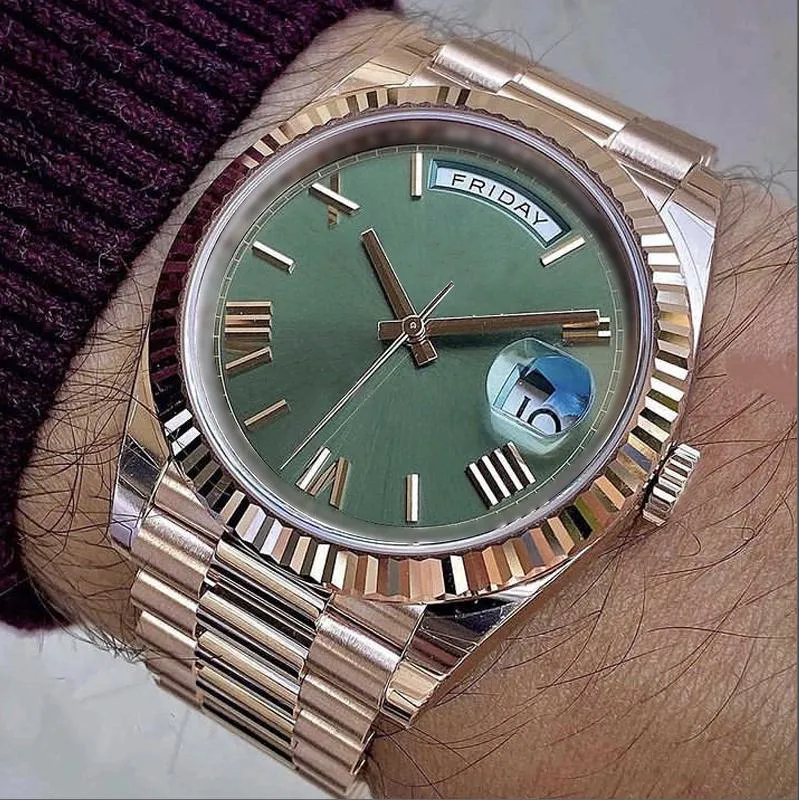가장 시청하는 남자 시계 장미 금 팔찌 녹색 다이얼 날짜 시리즈 41mm 사파이어 유리 자동 움직임 기계식 무료 회전 베젤 로맨틱 남성 시계
