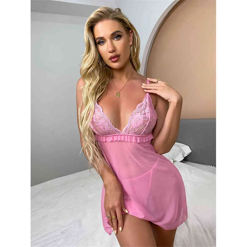 Pink Lace Strap Deep V See Through Pajama Set For Women Sexy And Mature  Nude Transparent Lace Sleepwear Nightdress 211208 From Kua01, $8.79