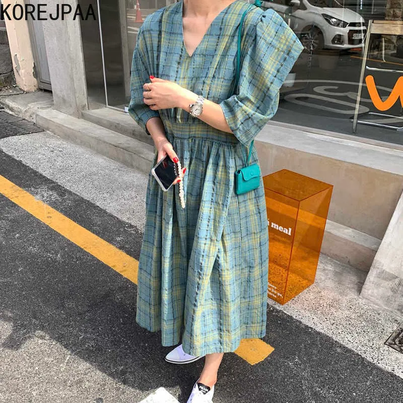 Korejpaa Abito da donna Estate stile coreano occidentale con scollo a V a vita alta manica a bolle a cinque punte abiti scozzesi a contrasto di colore 210526