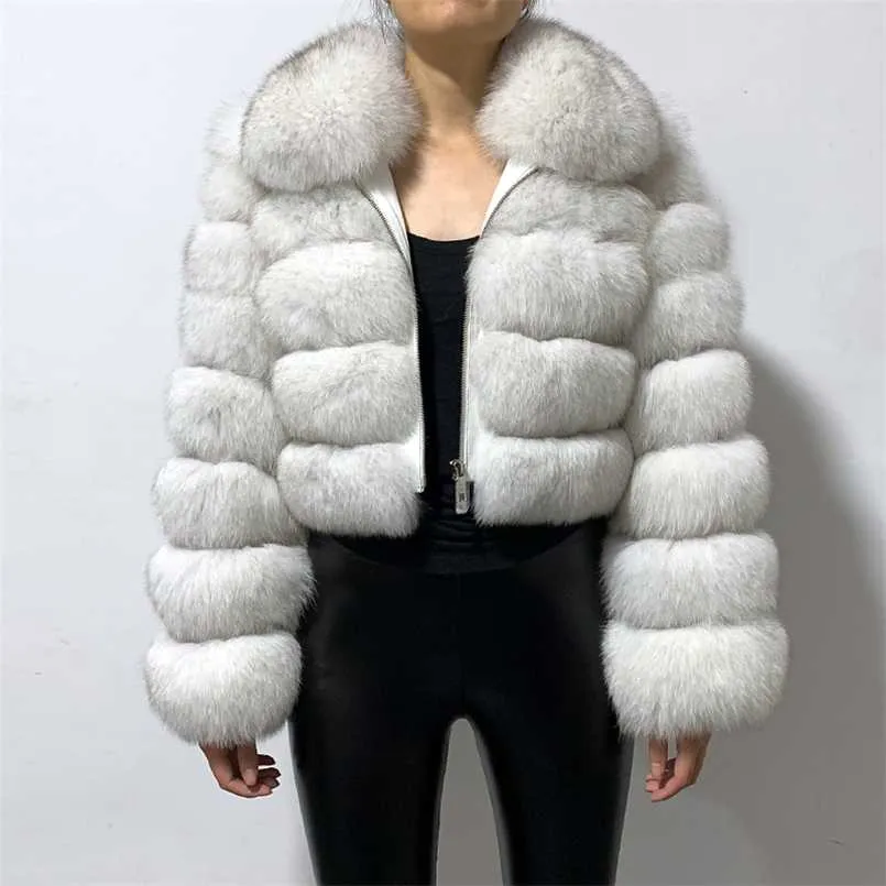 R982 Winter Woman's Fashion Short Style Slim Fit Zipper Real Fur Bomber Jacket 211018