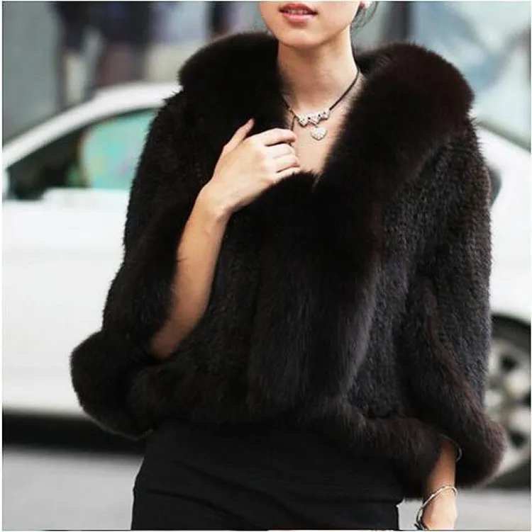 Real genuine natural knitted mink fur shawl coat with fox fur collar womens fashion knit jacket cape