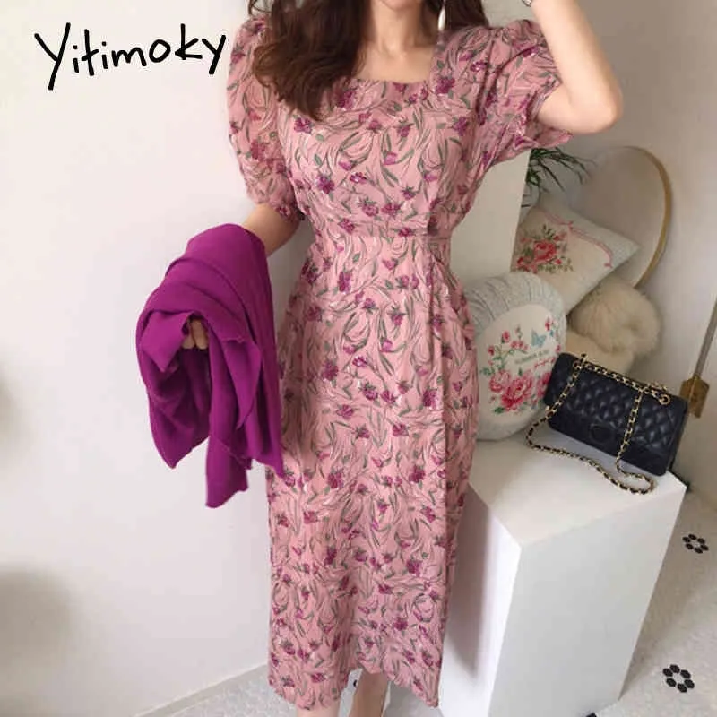 Yitimoky Square Collar Print Dresses Kvinnor Sommar Mode Koreansk Röda Chiffon Ankellängd Half Lantern Sleeve Dress 210522