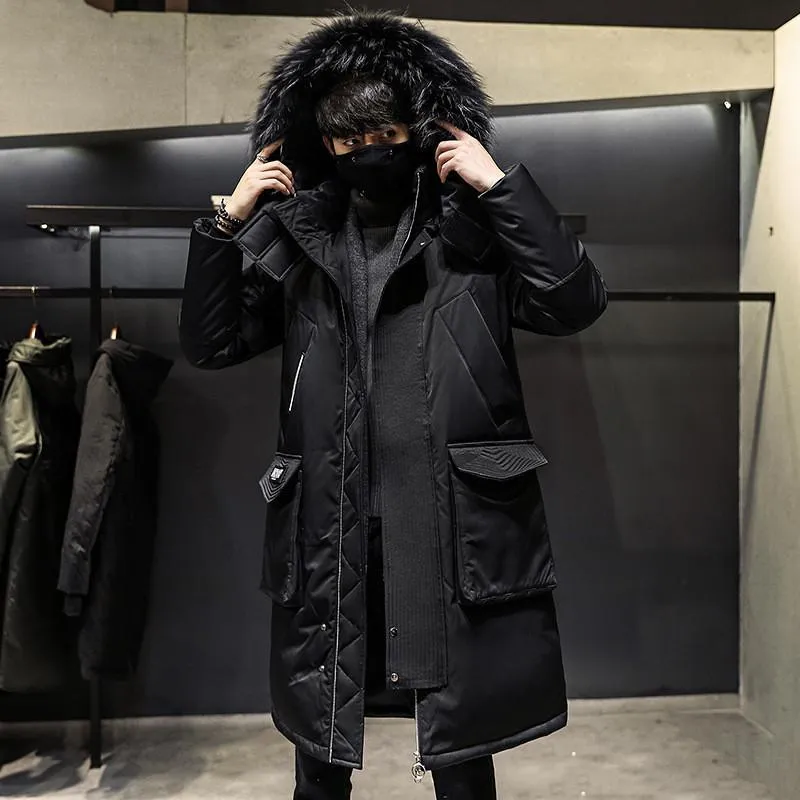 Męskie Kurtki Zima Długie Kurtka Płaszcz Mężczyźni Oversized Fur Collar Kapturem Duża Kieszonkowa Gruba Ciepła wiatrówka Moda Outdoor Duck Down Parka