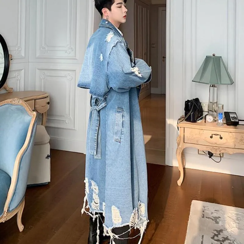 ロシア 大使館員のウクライナ出国を決定 メンズトレンチコート秋冬ブルーブラックリッピングロングデニムコート パンクロックジーンズジャケット男ヴィンテージヒップホップオーバーコート織り 別注限定モデル Clinicaaldente Es