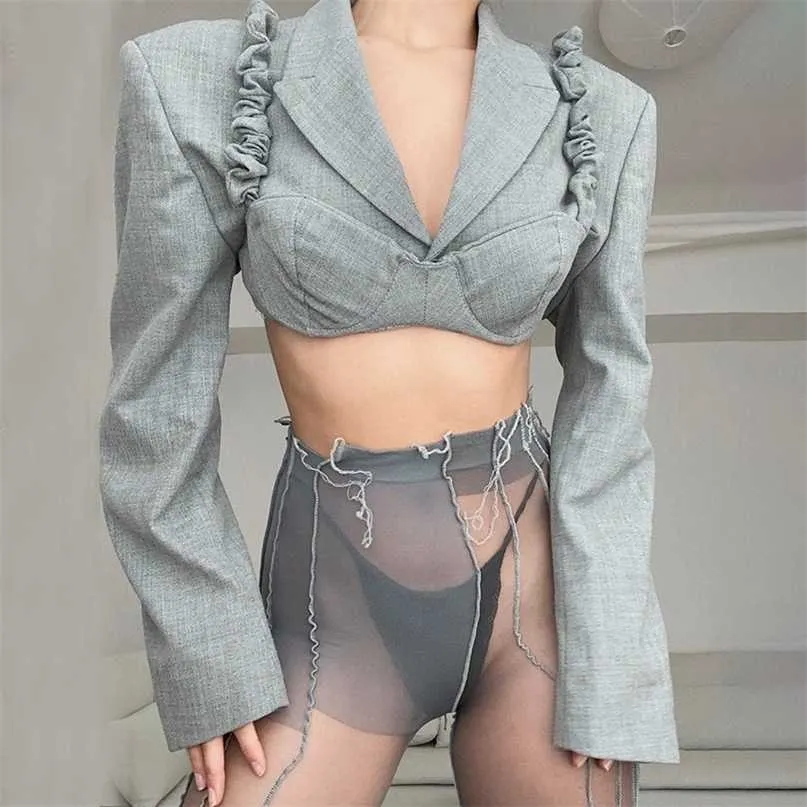 Dwa kawałek Crop Blazer Garnitur i Tank Top One Button Sexy Płaszcz Kobiety Streetwear Spadek Winter MissgNast 211122