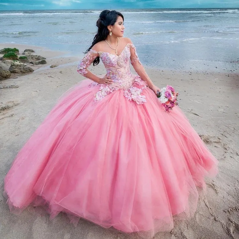 Robe de bal gonflée rose quinceanera robes de l'épaule à manches longues perles sweet 16 robes de fête vestidos de 15 anos anniversaire