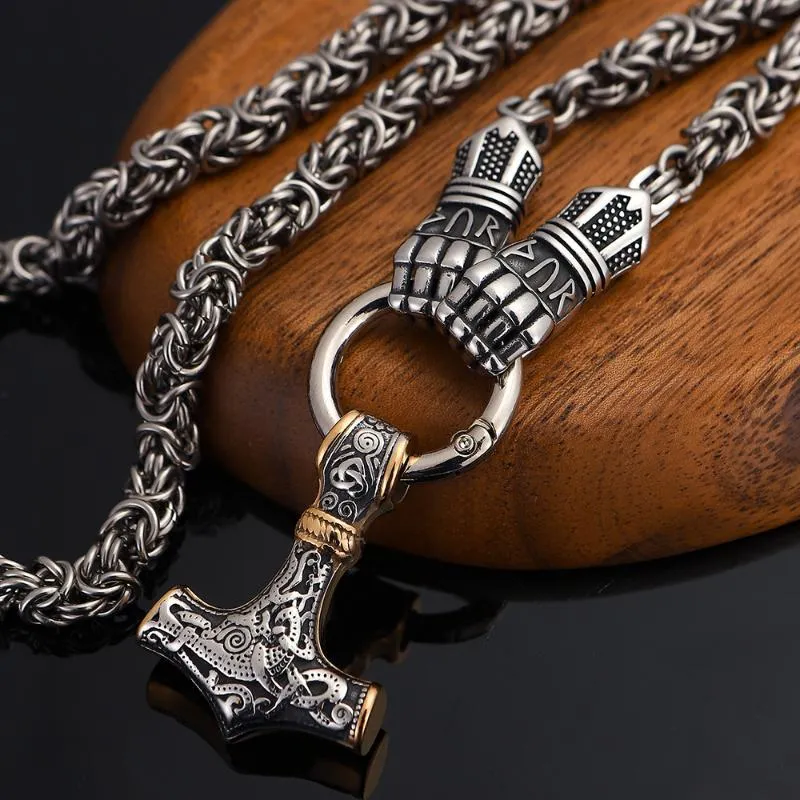 Pendant Necklaces Hammer Mjolnir Fist Rune Necklace Stainless Steel Men Jewelry Norse Viking
