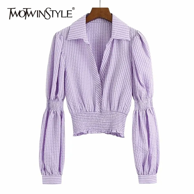 Plaid Casual Shirt For Women Lapel Puff Long Sleeve Elegant Short Blouse Female Fashion Clothing Style 210524