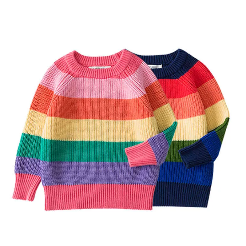 Baby Boy Girl Rainbow Paski Z Długim Rękawem Kint Sweter Moda Chłopcy Dziewczęta Swetry Jesienią Maluch Dzieci Ubrania Topy Outfit 210429