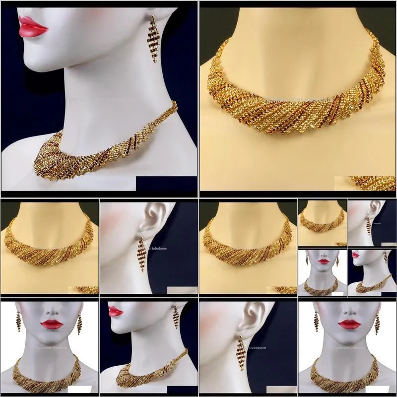 chran classic design brown rhinestone bridal wedding necklace earrings jewelry set for women