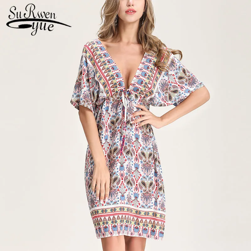V-neck sexy backless A line dress Bohemian style beach holiday women's clothing Women summer 3841 50 210521