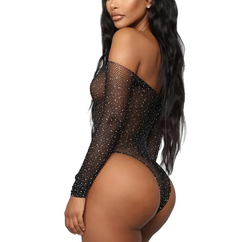 Bras Setler Kadınlar Siyah Dantel Fishnet Rhinestone Bodysuit Off- Shouter Tulum Plajı Bikini MV66289D