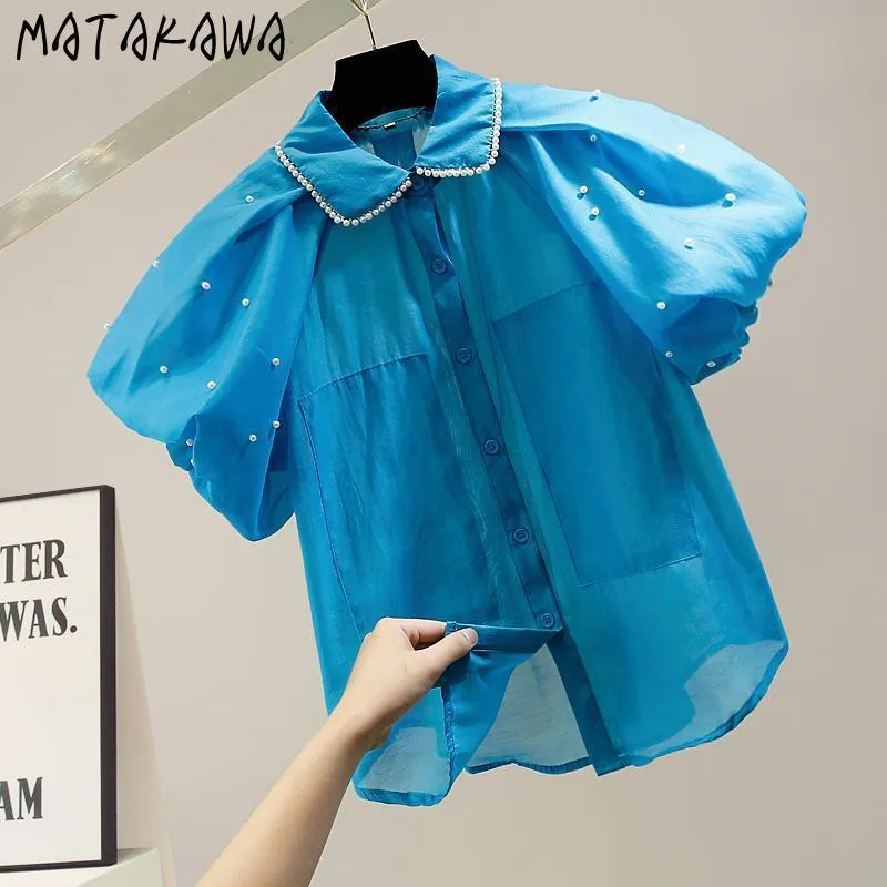MATAKAWA Moda Mujer Tops Industria Pesada Con Cuentas Puff Manga Blusas Camisa Transparente Malla Casual Top Blusas Mujer De Moda 210513