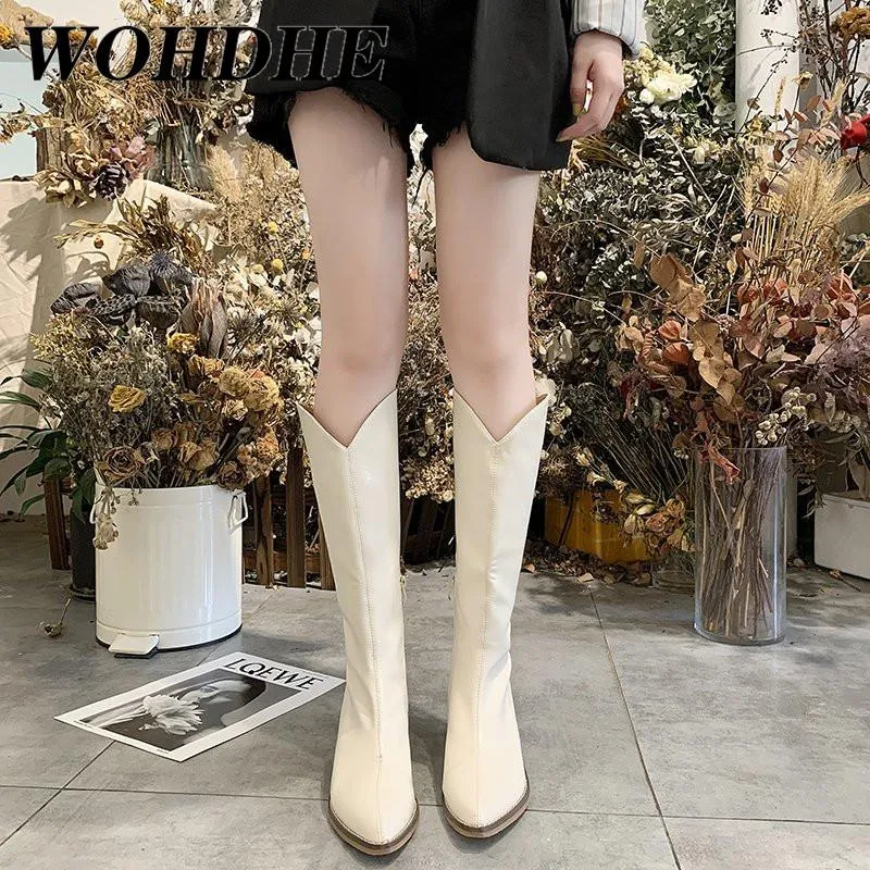 Women's WOHDHE Fall/winter Boots 2021 Round Head Side Zipper Square Heel Center Tube Knee Fashion Boot Combat 5 5 5