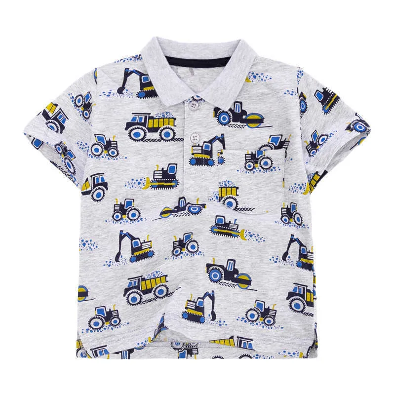 Atlama Metre Çocuk Karikatür Polo Gömlek Kısa Kollu Ekskavatör Baskı Giysi Pamuk Nefes Çocuklar Moda 210529