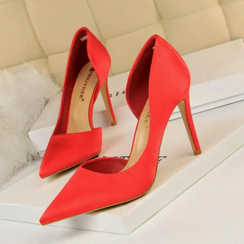 Elegant Pointed Toe High Heel Red Satin Pumps Black Dress Shoes For Women  Ankle Wraps Slingbacks Evening Heels Summer Shoes 2021 - Pumps - AliExpress
