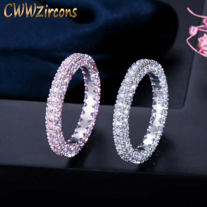 Fashionable completo micro pavimentar branco rosa cúbico zirconia pedra redondo anéis de noivado para mulheres banda de casamento R115 210714