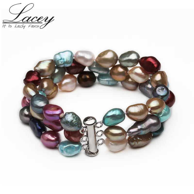 Bracelets 100% naturels véritables pour femmes, perles d'eau douce multicolores, bijoux à la mode pour filles, cadeau d'anniversaire, trois rangées