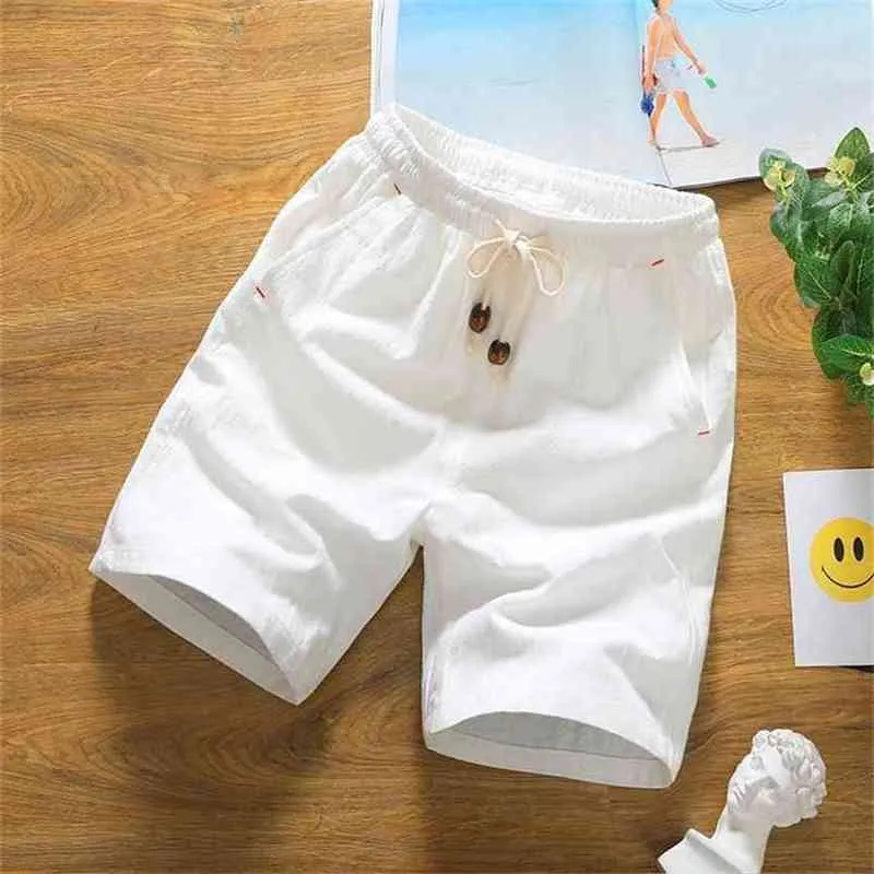 Summer lovers solid casual shorts male linen knee length cotton Board men drawstring thin Breathable Male Bermuda white 210716