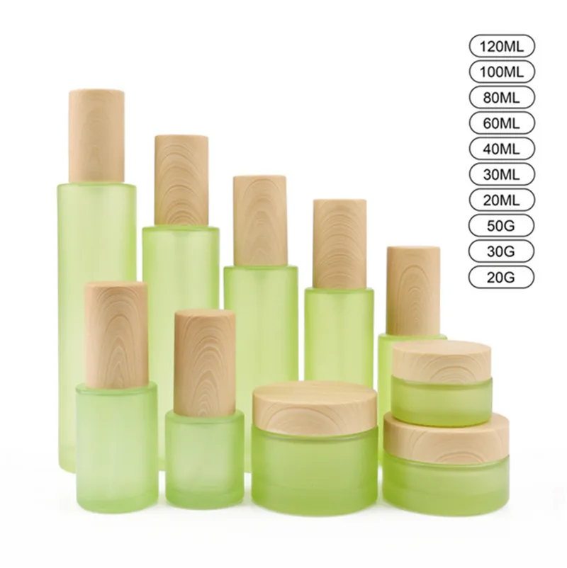 Frosted Green Glass Bottle Cream Jar Spray Lotion Pump Bottles Cosmetic Container 20ml 30ml 40ml 60ml 80ml 100ml 120ml with Imitated Wooden Lids