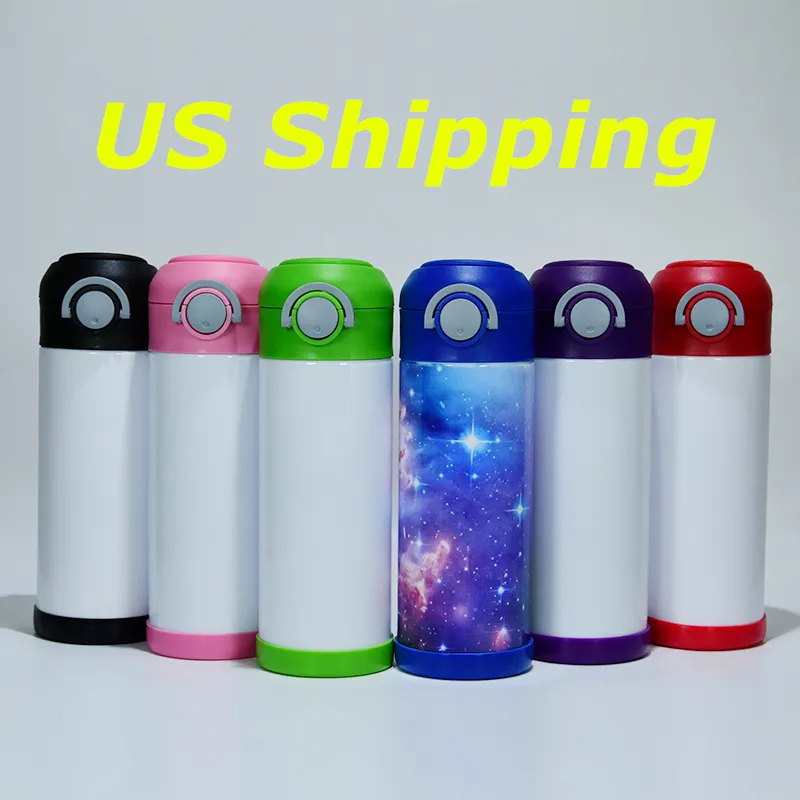 Local Warehouse! 12oz Sublimation Straight Kids Bottles 6 Color Wihte Blank Sippy Cups Stainless Steel Tumblers Double Insulated Drinking Mugs A12