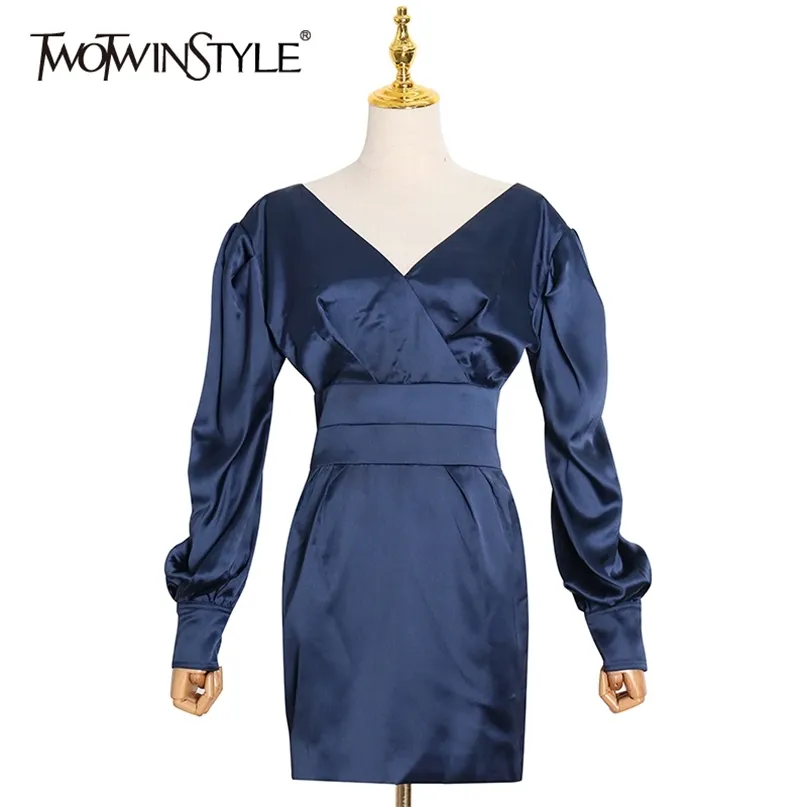 Vintage Tunic Dress For Women V Neck Puff Sleeve High Waist Mini Dresses Female Fall Fashion Clothing 210520