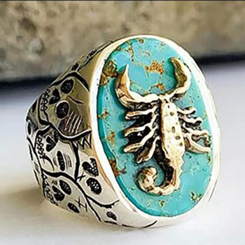 Vigselringar Bohemia Punk Cool Manlig Finger Ring Vintage Turkos Skorpion Djur Stor Oval Forntida sten Hip Hop gotiska smycken