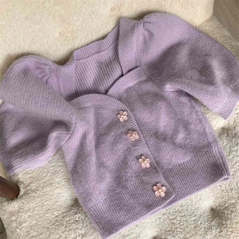 Taro lilor puffhylsa kort knit cardigan kvinnors blomma knapp topp sommar högkvalitativa kvinnor kläder 210520