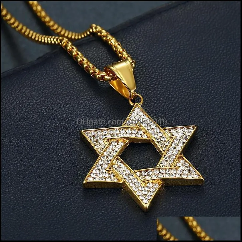 Pendant Necklaces Hip Hop Bling Iced Out Gold Color Stainless Steel Jewish Star Of David Hexagram Pendants For Men Rapper Jewelry