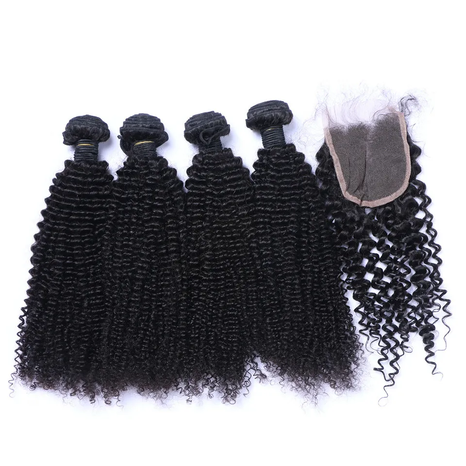 Brazilian Afro Kinky Curly Human Hair Weaves Extensions 4 Bundles with Closure Free Middle 3 Part Double Weft Dyeable Bleachable 100g/pc DHL