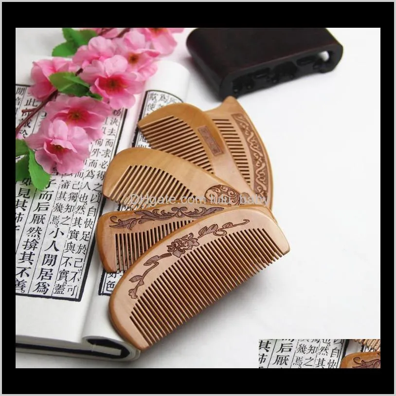natural peach combs thickened carved wood combs anti-static massage scalp health portable hair comb wedding favor women`s gifts