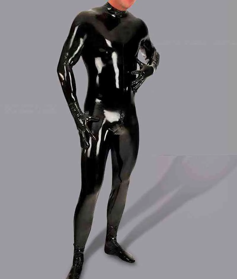 NXY SEXY SET Glänsande Bodysuit män Full Body Cover PU Latex Vattentät U Konvex påse Jumpsuit Underkläder Tight Gay Wear med handske M115 1126