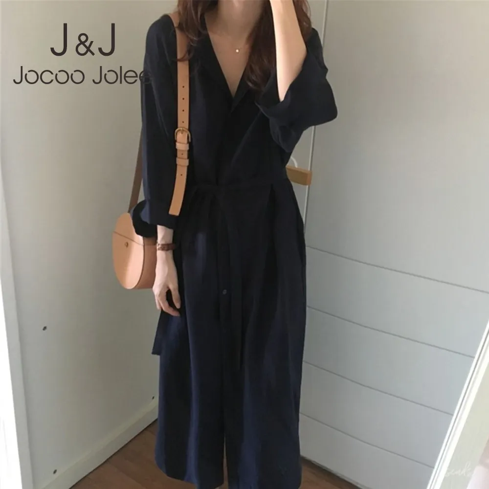 Jocoo Jolee Women韓国のロングシャツのドレスカジュアル長袖緩いローブヴィンテージジャケットエレガントなVネックドレスストリートウェア210518