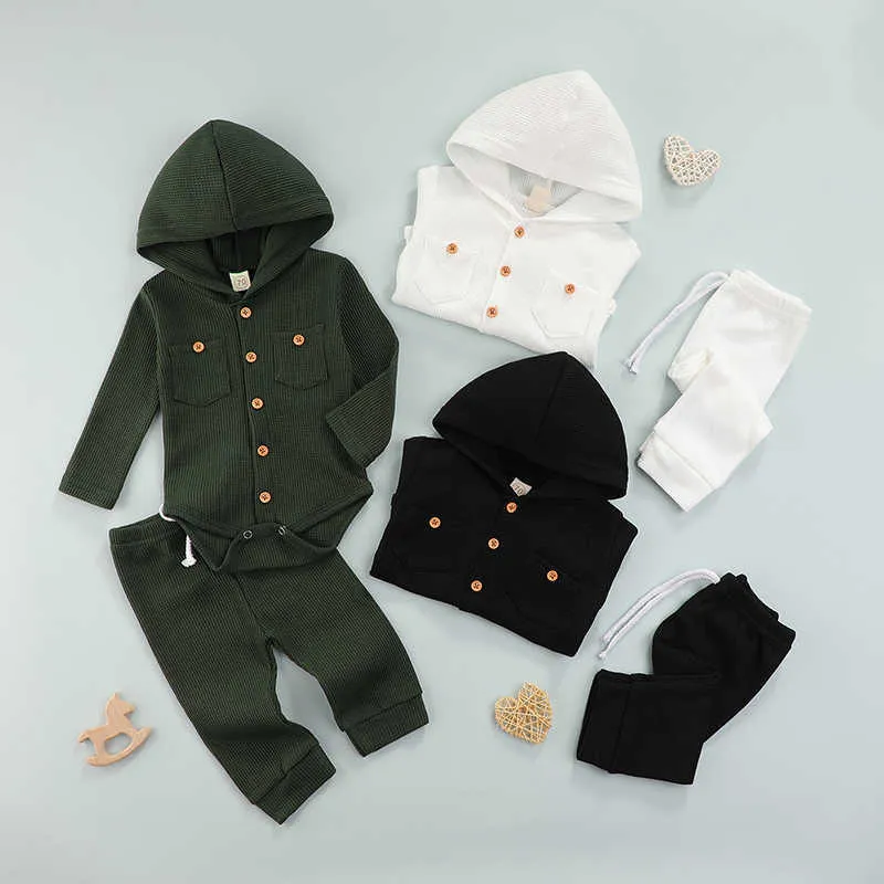 신생아 아기 소년 옷 봄 가을 단단한 컬러 와플 긴 소매 후드 romper 및 넥타이 바지 복장 G1023