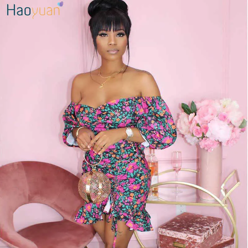 HAOYUAN Sexy Plus Taille Floral Moulante Mini DrWomen Vêtements d'été Élégant Hors Épaule Bandage Ruché Party Club Robes X0529