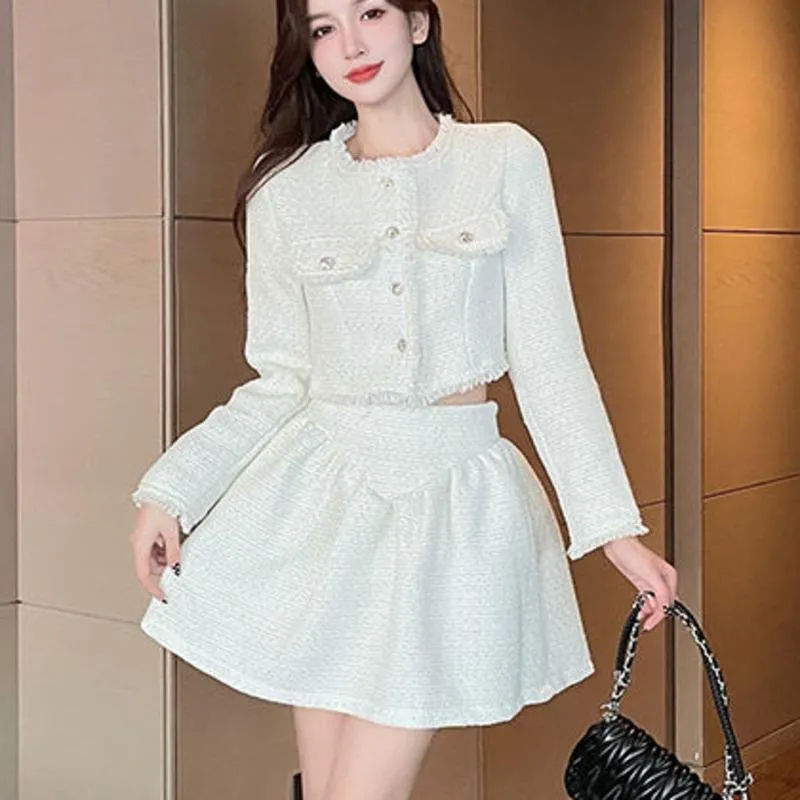 Vintage Tweed Two Piece Set With Crop Top, Woolen Short Dress 