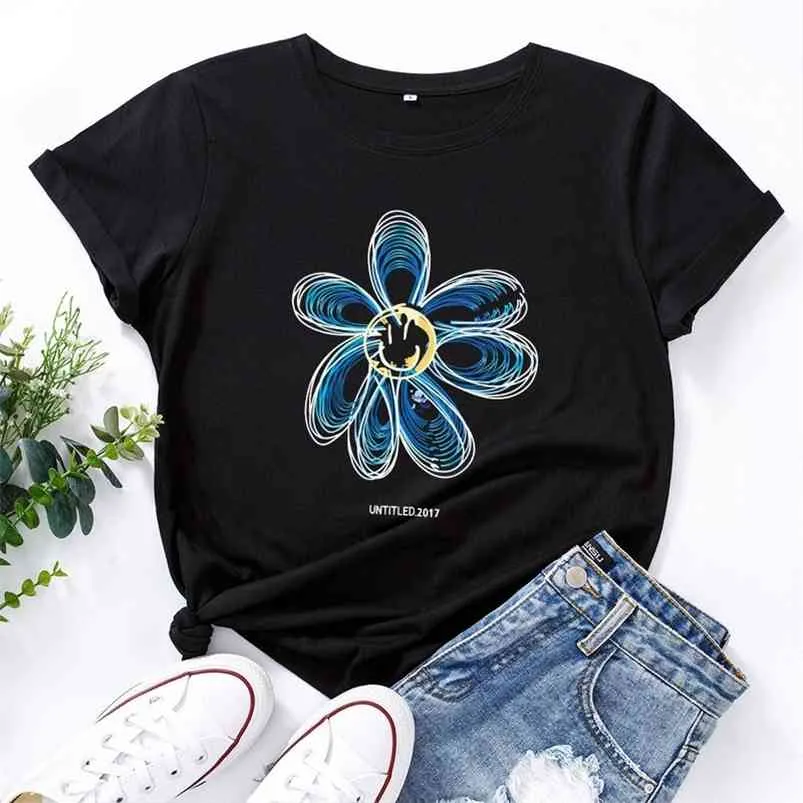 JCGO Summer Cotton Women T Shirt 5xl Plus Size Cute Flower Print Krótki Rękaw Graficzny Tees Topy Casual O-Neck Oversized Tshirt 210623