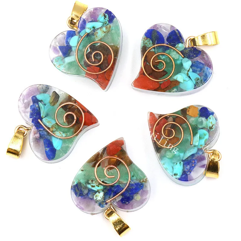 Siedem Chakra Kwarcowy Kryształ Gemstone Heart Copper Cewki Orgonite Naszyjnik Wisiorek Rainbow Reiki Energia Potężna ochrona Spirala Orgone Wisiorek Dla Mężczyzn Kobiety