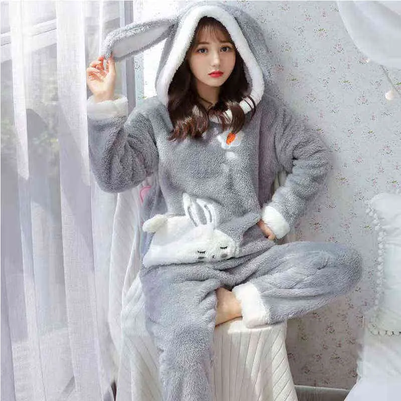 Pyjamas Women Rabbit Adult Animal Pajamas Set Winter Thick Warm Flannel  Pijamas Sleepwear Anime Customes Home Night Wear (2509 Medium) : :  Mode