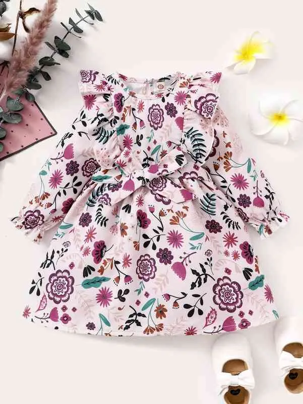 Baby Floral Print Ruffle Trim Flounce Sleeve Belted Dress She