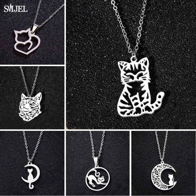 Korean Kitten Jewelry: Stainless Steel Long Cat And Moon Moon Phase