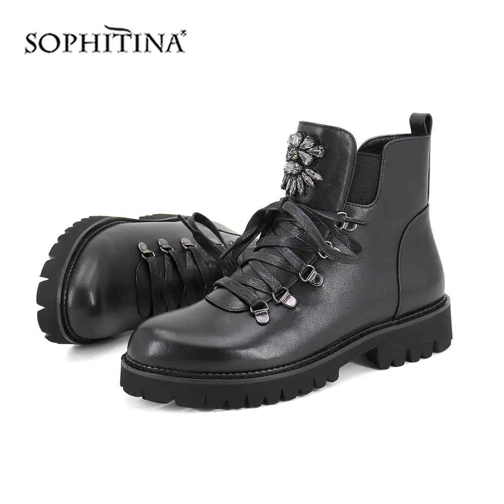 Sophitina Moda Tasarım Kristal Çizmeler Yuvarlak Toe Dantel-Up Rahat Katı kadın Ayakkabı Ayak Bileği Motosiklet Botları PC388 210513