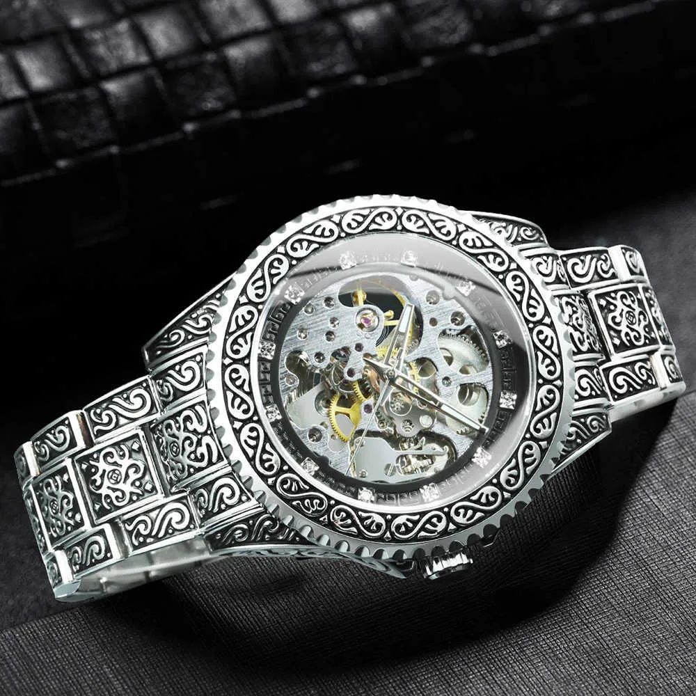 Gold Skeleton Mechanical Watch For Men Vintage Royal Fashion With