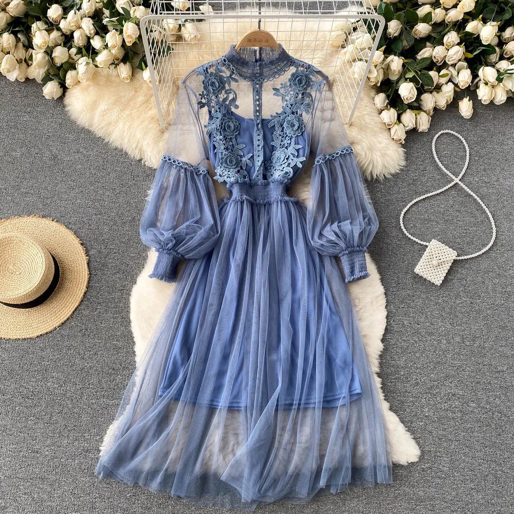 Spring Autumn Sweet Women Mesh Dress Elegant Stand Collar Lantern Long Sleeve High midja 2st Party Vestidos kvinnligt nytt mode 2022