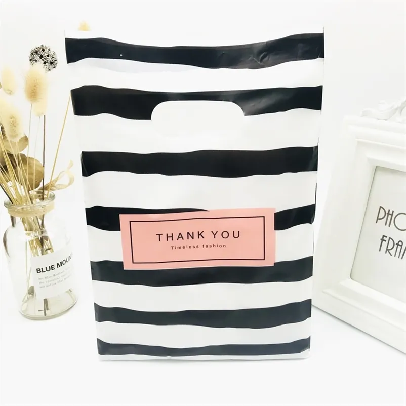 Pink Black Thank You 20x30cm Black White Stripes Plastic Handles Bag Plastic Boutique Jewelry Gift Bags With Handle 50pcs 210326